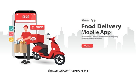 Delivery food service courier and scooter shipping with a mobile smart phone