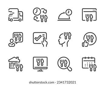 Delivery Food Service and Online Order vector line icons. Takeaway, Ordering Groceries and Meal Delivery outline icon set.