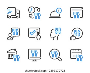 Delivery Food Service and Online Order vector line icons. Takeaway, Ordering Groceries and Meal Delivery outline icon set.