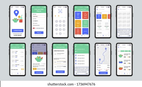 Kit de diseño único de comida de entrega para aplicaciones móviles. Pantallas de pedido de comida rápida en línea con menú de restaurante. Interfaz de usuario de servicio de entrega y catering Express, conjunto de plantillas UX. GUI para aplicaciones móviles receptivas.