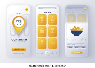 Delivery food unique design kit for app. Online food order service with restaurant menu and description. Express delivery service UI, UX template set. GUI for responsive mobile application.