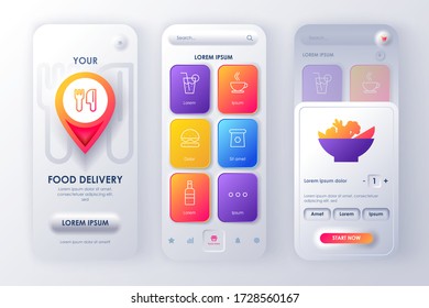 Delivery food unique neumorphic design kit for mobile app neumorphism style. Online fast food order screens. Express delivery service UI, UX template set. GUI for responsive mobile application.