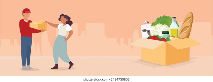 Delivery food vector cartoon flat illustration. Woman meets courier. Modern service, comfort and convenience. Young guy carrying package with goods.