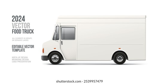 Entrega FoodTruck maqueta en blanco. Vista lateral White Food Van con espacio para texto o su diseño de marca: Plantilla de Vector editable aislada sobre fondo blanco. Horizontal en blanco para AD banne