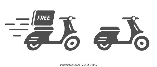 Entrega gratuita via moto scooter bicicleta ícone rápido vetor pictograma gráfico simples ilustração conjunto, motocicleta silhueta forma courier serviço de transporte isolado corte preto branco imagem clip art retro