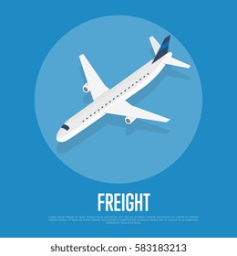Delivery freight isometric vector illustration. Cargo jet airplane with shadow round icon. Worldwide logistics, delivery transportation, global freight airlines, shipping company, import and export