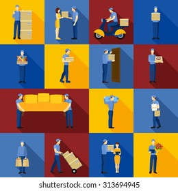 Delivery freight and logistic man workers icons set isolated vector illustration