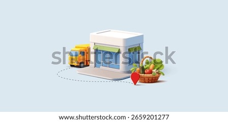 Delivery of fresh vegetables, logistics. 3D store building, truck, basket with vegetables. Fast delivery, location icon. Modern banner. Farm natural products. Vector illustration.