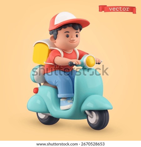 Delivery. Funny scooter driver, 3d cartoon vector icon