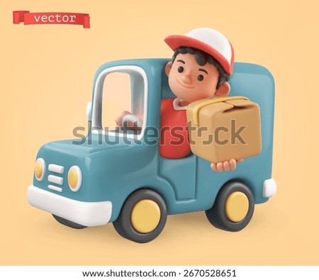 Delivery. Funny van driver 3d cartoon vector icon