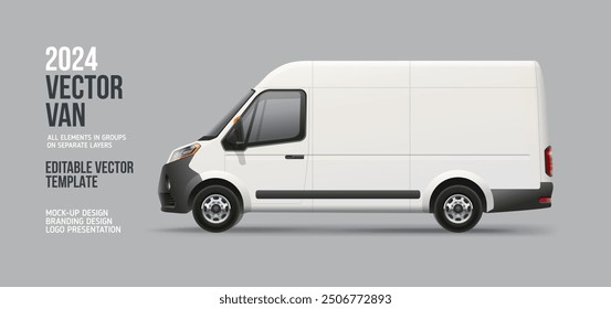 Delivery Gargo Van - editable 3d vector . Side view cargo minibus with space for text mockup for branding design. White Delivery Tuck template 