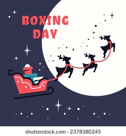 Delivery Gift box by Traditional sleigh and reindeers. Boxing Day. Christmas presents. Delivering package and box in Santa sleigh. Vector illustration