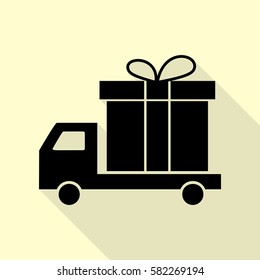 Delivery gift sign. Black icon with flat style shadow path on cream background.