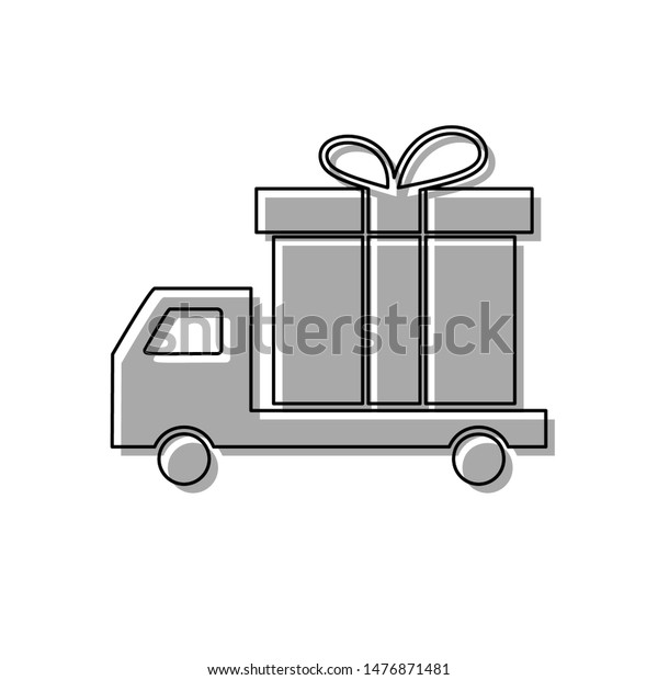 Delivery gift sign. Black\
line icon with gray shifted flat filled icon on white background.\
Illustration.