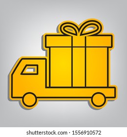 Delivery gift sign. Flat orange icon with overlapping linear black icon with gray shadow at whitish background. Illustration.