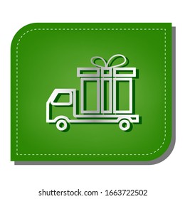 Delivery gift sign. Silver gradient line icon with dark green shadow at ecological patched green leaf. Illustration.