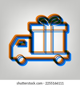 Delivery gift sign. Stroked Icon in orange, azure and old lavender Colors at gray Background. Illustration.