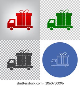 Delivery gift sign. Vector. 4 styles. Red gradient in radial lighted background, green flat and gray scribble icons on transparent and linear one in blue circle.