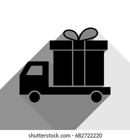 Delivery gift sign. Vector. Black icon with two flat gray shadows on white background.