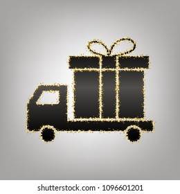 Delivery gift sign. Vector. Blackish icon with golden stars at grayish background.