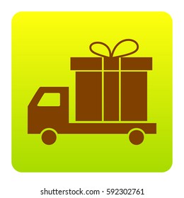 Delivery gift sign. Vector. Brown icon at green-yellow gradient square with rounded corners on white background. Isolated.