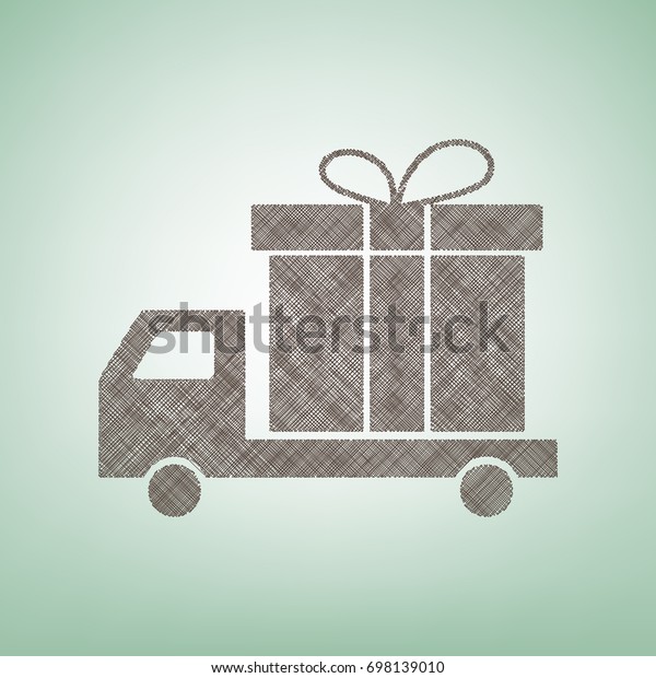 Delivery gift sign. Vector. Brown\
flax icon on green background with light spot at the\
center.