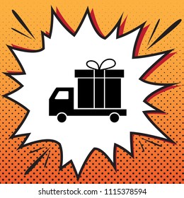 Delivery gift sign. Vector. Comics style icon on pop-art background.