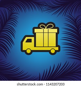 Delivery gift sign. Vector. Golden icon with black contour at blue background with branches of palm trees.