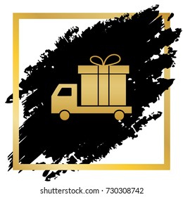 Delivery gift sign. Vector. Golden icon at black spot inside golden frame on white background.