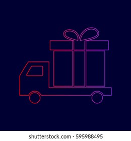 Delivery gift sign. Vector. Line icon with gradient from red to violet colors on dark blue background.