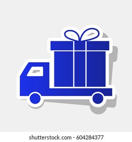 Delivery gift sign. Vector. New year bluish icon with outside stroke and gray shadow on light gray background.