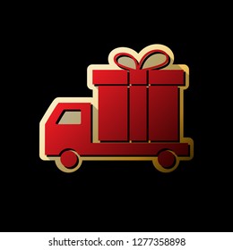 Delivery gift sign. Vector. Red icon with small black and limitless shadows at golden sticker on black background.