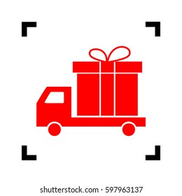 Delivery gift sign. Vector. Red icon inside black focus corners on white background. Isolated.
