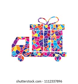 Delivery gift sign. Vector. Stained glass icon on white background. Colorful polygons. Isolated.