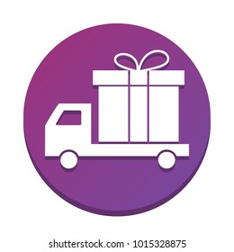 Delivery gift sign. Vector. White icon with flat shadow on purpureus circle at white background. Isolated.