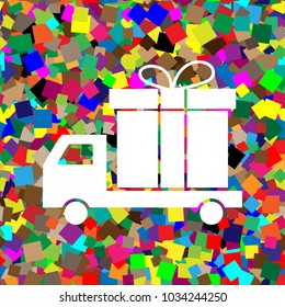 Delivery gift sign. Vector. White icon on colorful background with seamless pattern from squares.