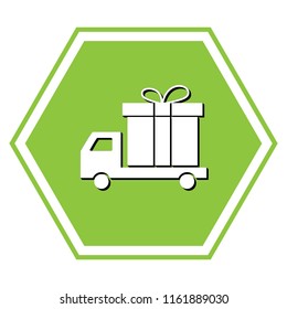 Delivery gift sign. Vector. White icon with black shadow at yellow green honeycomb on white background.