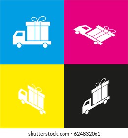 Delivery gift sign. Vector. White icon with isometric projections on cyan, magenta, yellow and black backgrounds.