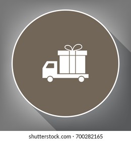 Delivery gift sign. Vector. White icon on brown circle with white contour and long shadow at gray background. Like top view on postament.