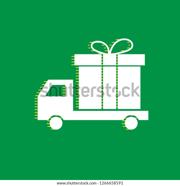 Delivery gift sign. Vector. White flat\
icon with yellow striped shadow at green\
background.