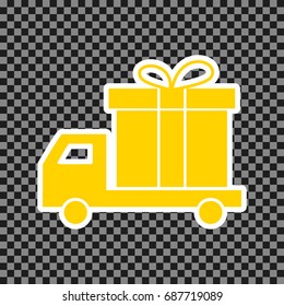 Delivery gift sign. Vector. Yellow icon with white contour on dark transparent background.
