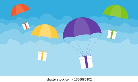 Delivery of gifts. Gifts descend on umbrellas against the sky with clouds. Vector illustration. Vector.