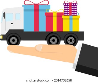 Delivery of gifts, a man holds a truck with boxes of gifts in the palm of his hand. Vector illustration. Vector.