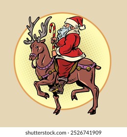 Delivery of gifts for New Year and Christmas. Symbol Santa Claus riding a deer. Business registration during the New Year holidays. Comic cartoon pop art retro vector illustration hand drawing