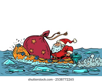 Entrega de regalos para Nuevo Año y Navidades desde el extranjero. Anuncio para negocios publicitarios en invierno. Santa Claus lleva un saco de regalos en un barco. Dibujos animados cómicos arte pop retro Ilustración vectorial mano