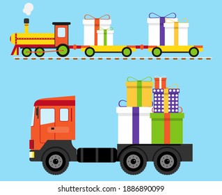 Delivery of gifts. The train and the truck are carrying gifts. Vector illustration. Vector.