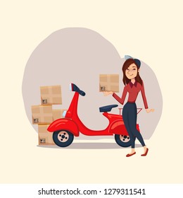 Delivery Girl with cardboard parcel box. Fast Delivery service by courier on the scooter. Vector cartoon character illustration. Delivery concept.