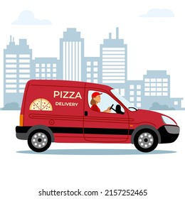 Delivery girl courier rides pizza delivery car in the city. Hand drawn flat vector illustration