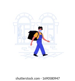 Delivery girl on her way to a client with a thermobag walking down the street wearing medical face mask
