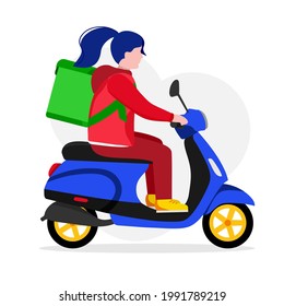 A delivery girl on a scooter with a backpack delivers food. Online order home delivery service. For websites, mobile apps, banners, and posters.